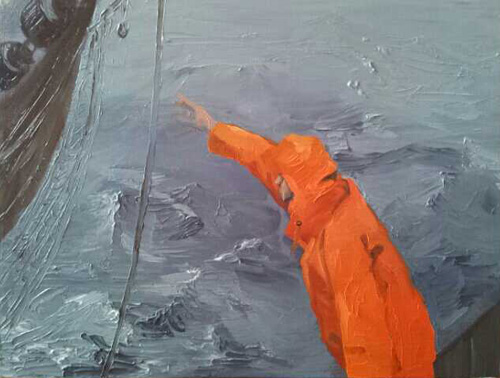 painting fisherman reaching for net Waddenzee